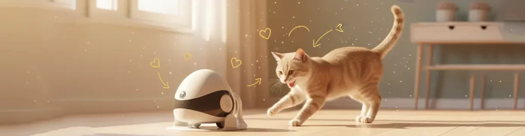 Interactive Smart Pet Robot – Keep Your Cat Entertained and Happy 全部 Day Smart interactive pet robot engaging a playful orange tabby cat in a sunlit home.