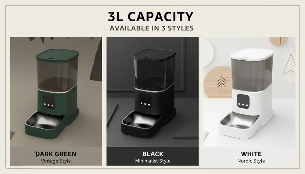 3L smart pet feeder available in dark green, black, and white color options.