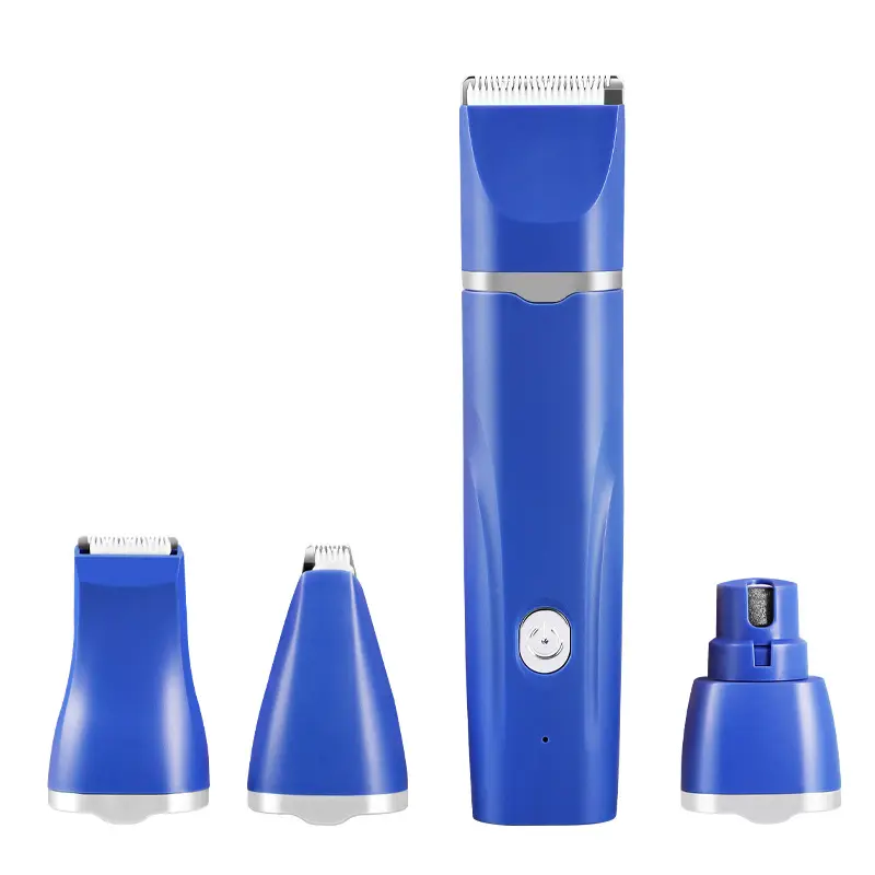 Blue 4-in-1 pet electric clipper with three interchangeable heads for trimming and nail grinding.