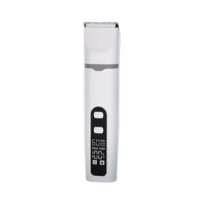 White pet electric clipper with digital LCD display and dual control buttons.