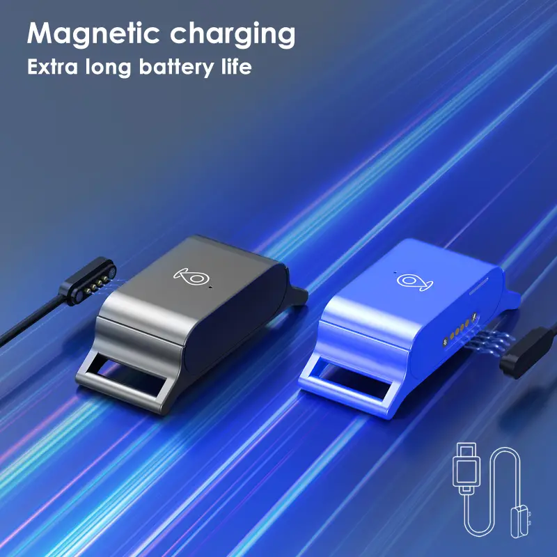 Pet GPS trackers in gray and blue with magnetic charging cables for easy, fast recharging.