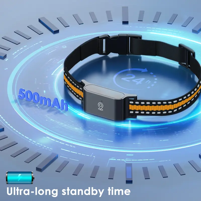 Durable GPS pet collar with 500mAh battery for 24h+ long standby and all-weather protection.