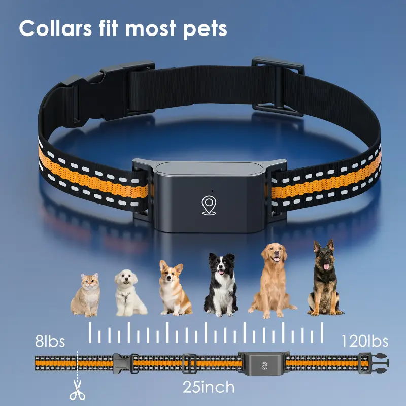 Custom-fit pet GPS collar (25inch) for cats & dogs 8–120lbs, adjustable via cutting.