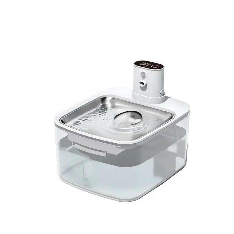 Automatic pet water fountain with stainless steel top, transparent tank, and digital display.