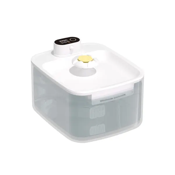 White automatic pet water fountain with digital display and transparent reservoir.