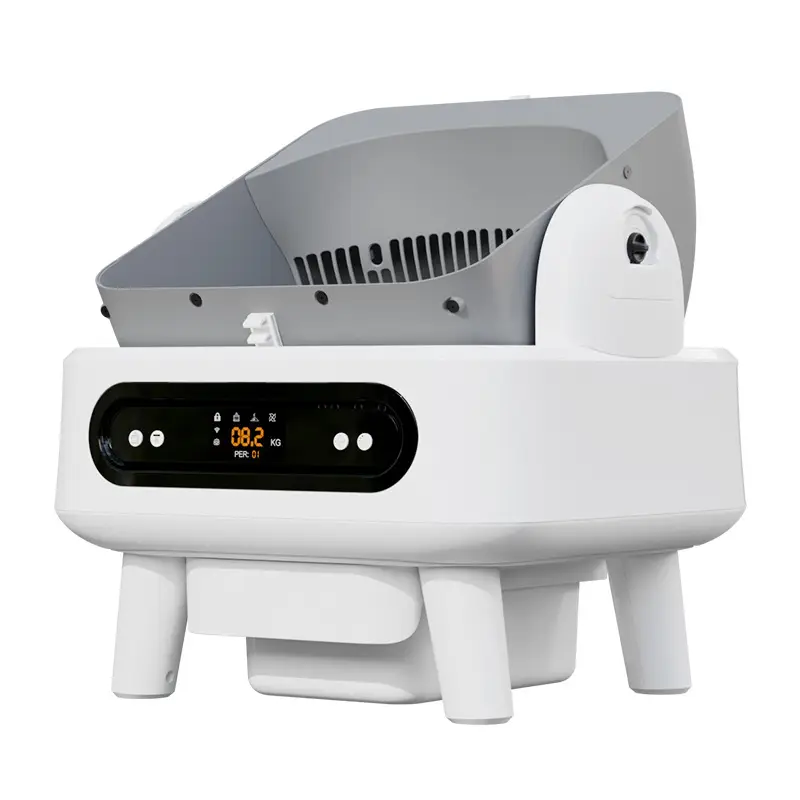 A modern white smart self-cleaning open-top cat litter box with a digital control panel, designed for easy pet care and hygiene
