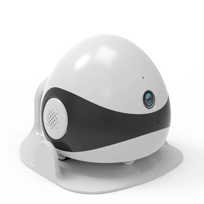 Smart pet robot with camera docked on its automatic recharging base.