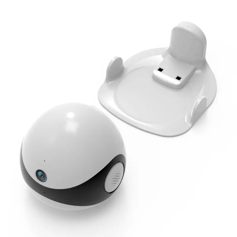 Smart pet robot with camera and its white automatic recharging base.