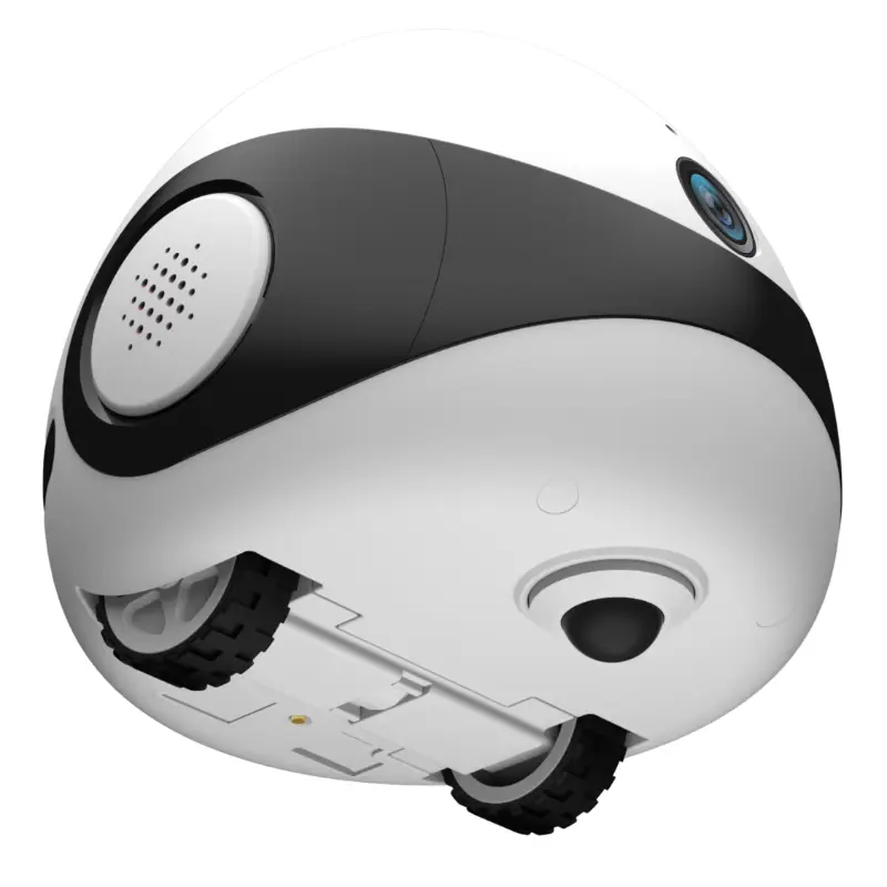 Bottom view of a smart pet robot with dual wheels, camera, and speaker.