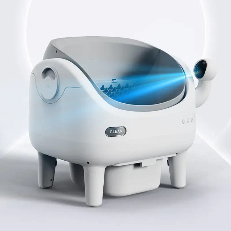 Close-up shot of smart self-clean cat litter box with blue laser safety monitoring in a clean white minimalist studio backdrop
