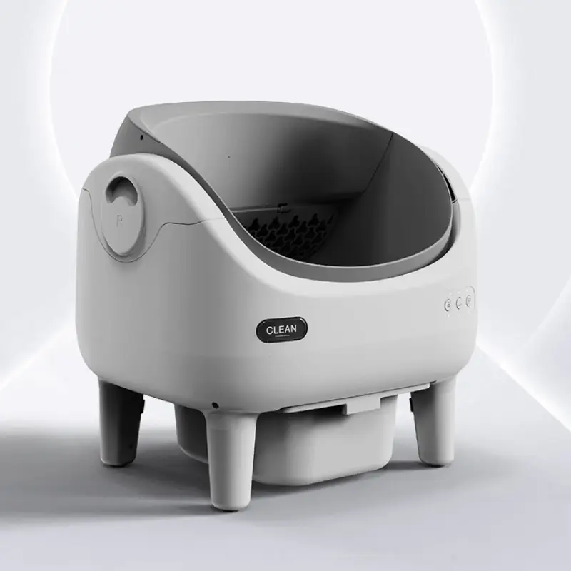 Close-up shot of an open-style smart self-clean cat litter box featuring a sleek modern design against a clean minimalist white backdrop
