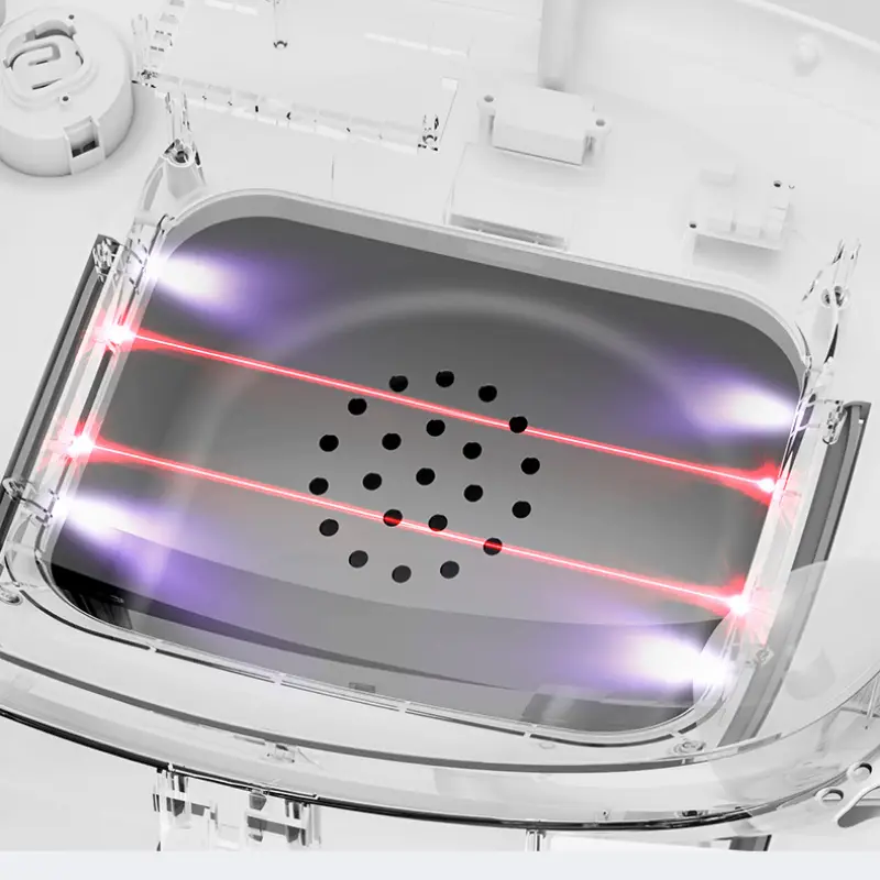 Close-up view of smart self-clean cat litter box’s infrared anti-collision safety module with red laser beams for pet safety