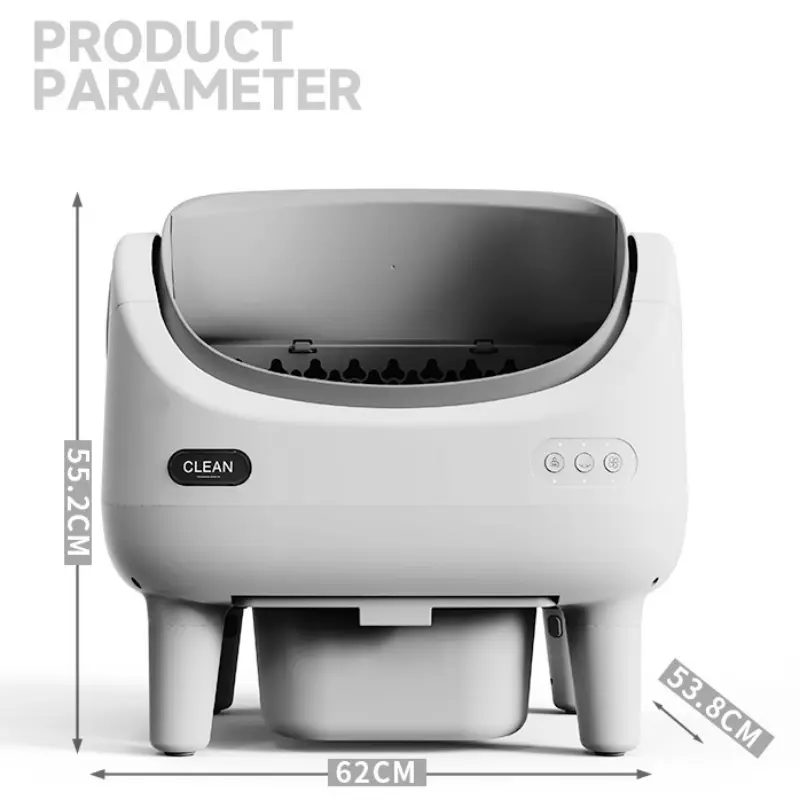 Open-style smart self-cleaning cat litter box dimension showcase, featuring 62cm width, 55.2cm height, 53.8cm depth for optimal pet comfort and usability.