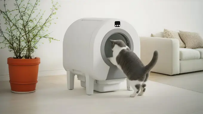 Tuxedo cat stepping into a modern white smart self-cleaning litter box.