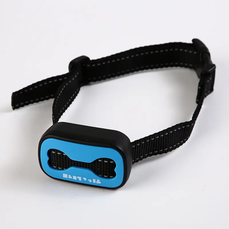 Adjustable basic anti-bark collar with blue bone design for all dog sizes.