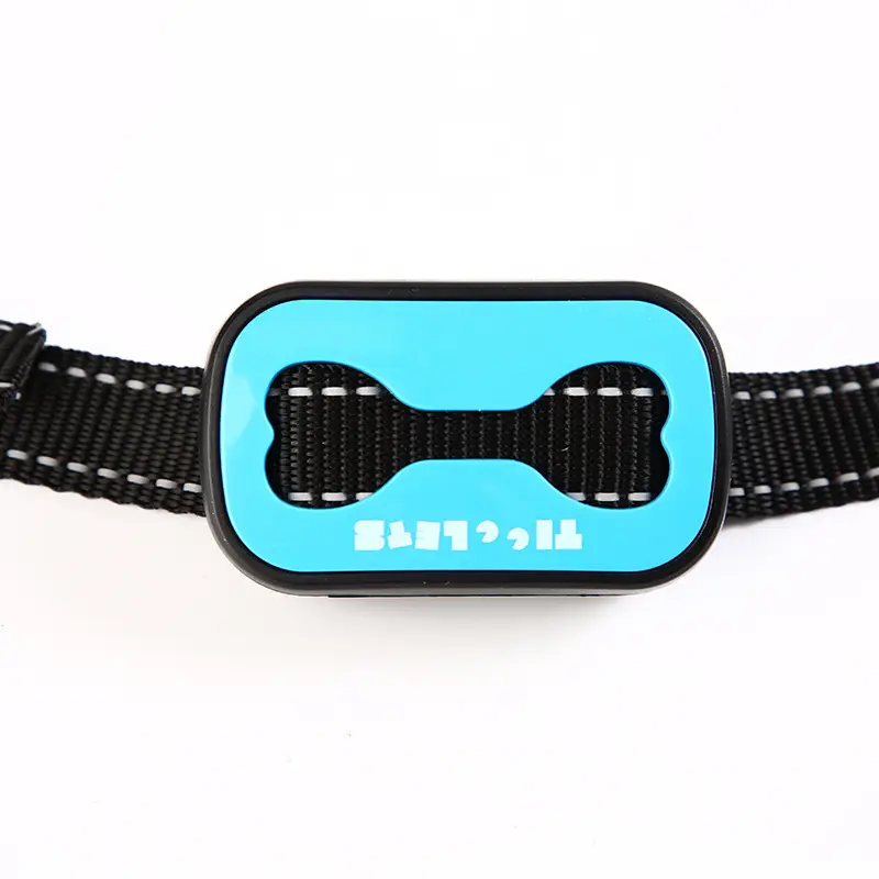 Basic anti-bark collar with blue bone-shaped front panel and black nylon strap.