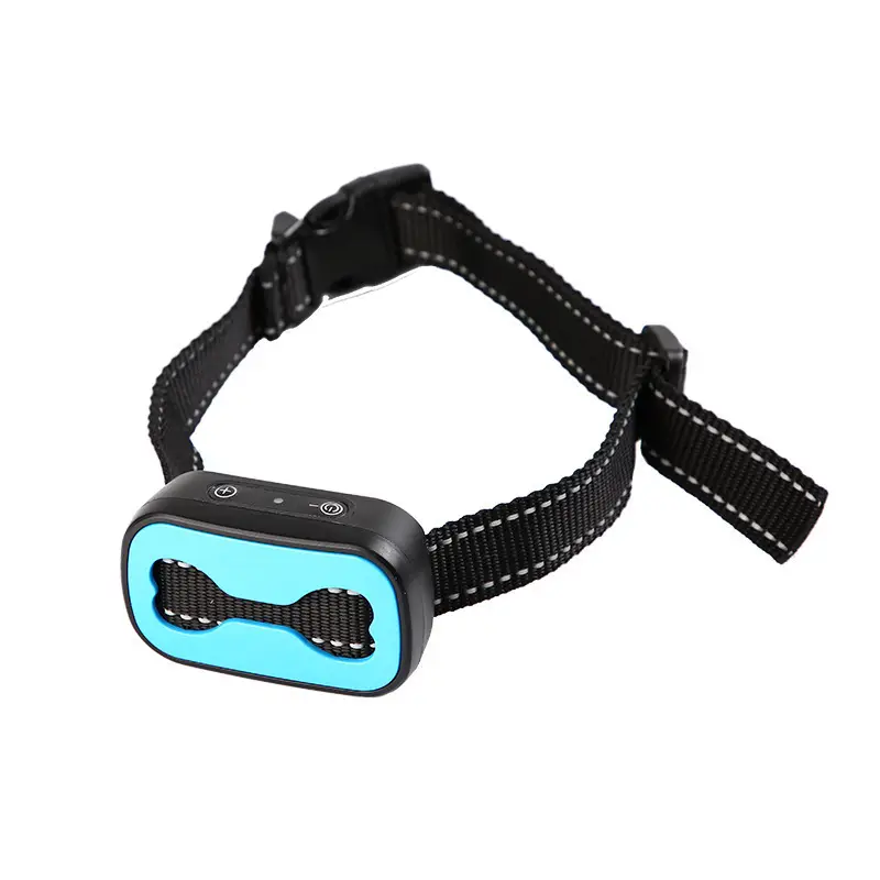 Blue and black anti-bark collar with bone pattern, compact and adjustable for dogs.