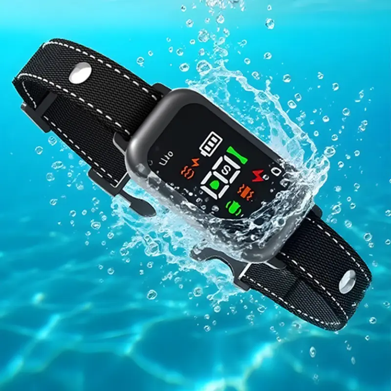Waterproof smart anti-bark collar with LED display, submerged in water for demonstration.