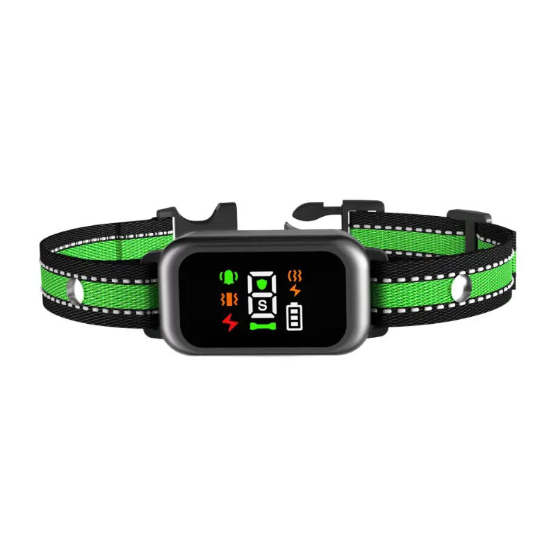 Smart anti-bark collar with LED display, green strap, and multi-mode training indicators.