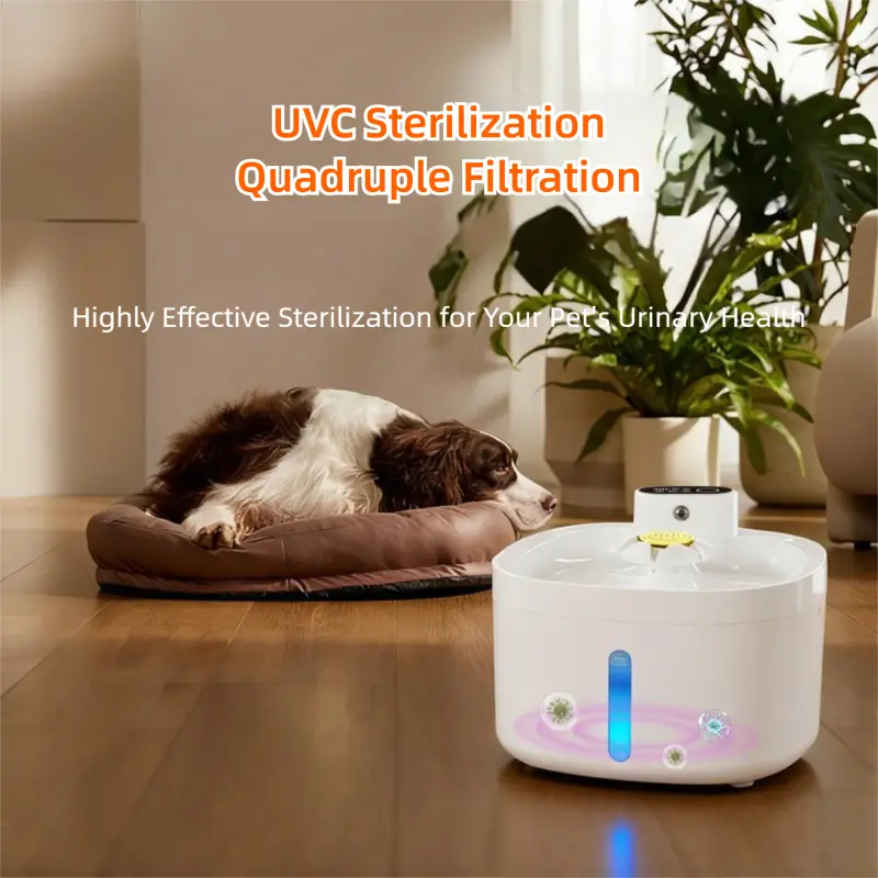 Pet water fountain with UVC sterilization and quadruple filtration, dog resting nearby.