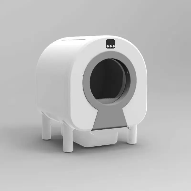 White enclosed smart cat litter box with control panel and raised support legs.