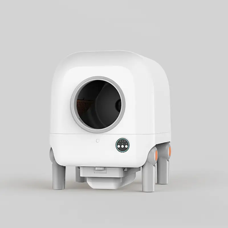 White enclosed smart cat litter box with control panel and raised support legs.