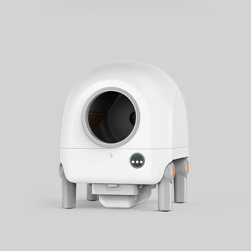 White enclosed smart cat litter box with control panel and raised support legs.