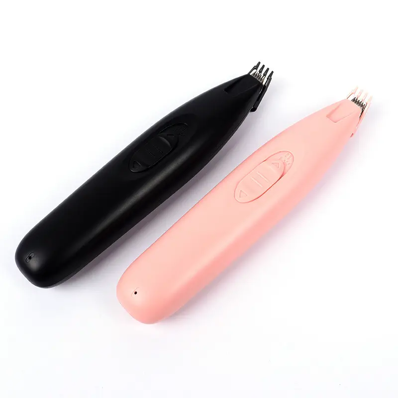 Black and pink pet electric paw trimmers with precision blades for delicate grooming.