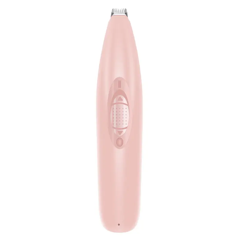 Pastel pink pet paw trimmer with precision blade and ergonomic control switch.