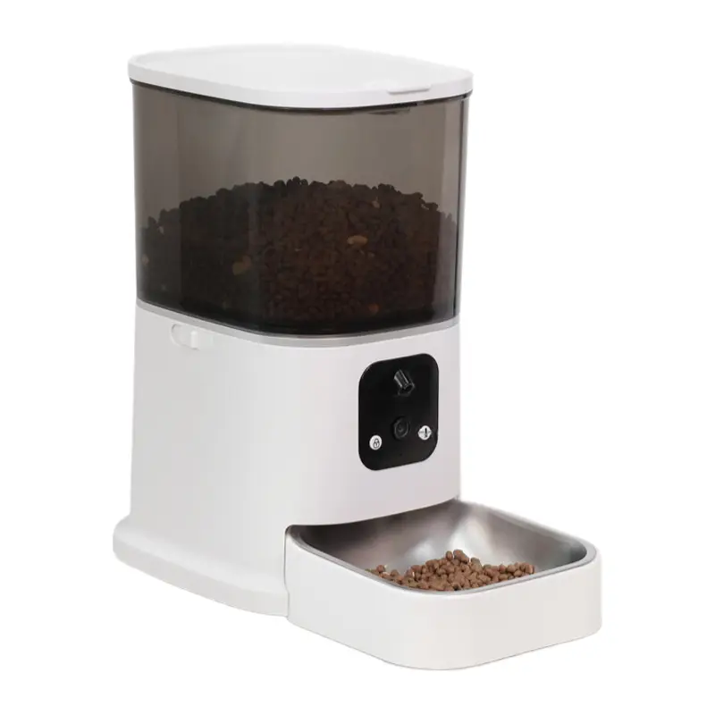 PT03 smart pet feeder filled with kibble, stainless steel bowl, white base design.