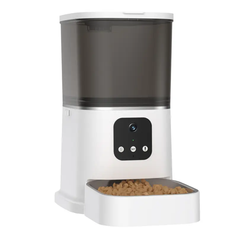 PT03 smart pet feeder with camera, filled food bowl, and intuitive control panel.