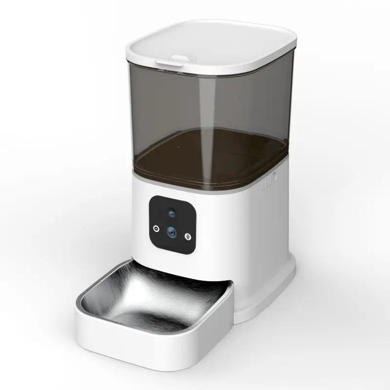 PT03 smart feeder with camera, transparent hopper and stainless steel feeding bowl.