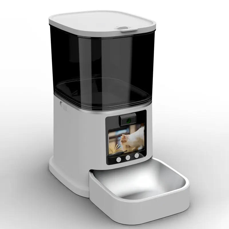 Side view of PT03S two-way video smart feeder with touchscreen and stainless steel bowl.