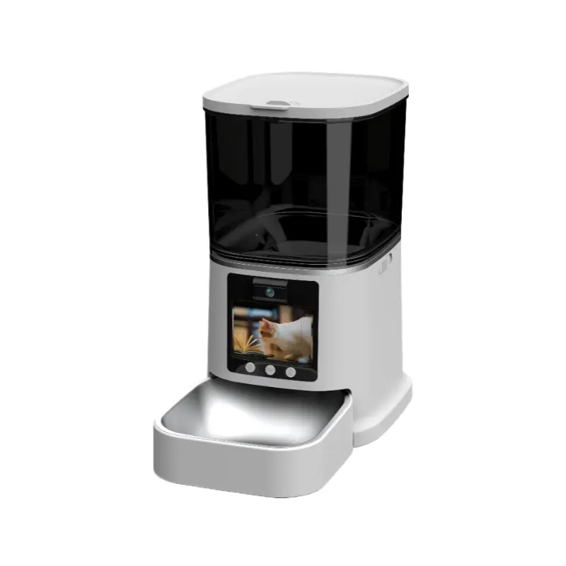 Side view of PT03S two-way video smart feeder with touchscreen and stainless steel bowl.