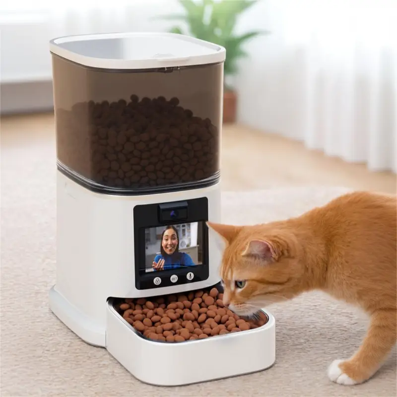 PT03S two-way video smart feeder with orange cat eating, screen showing video call.