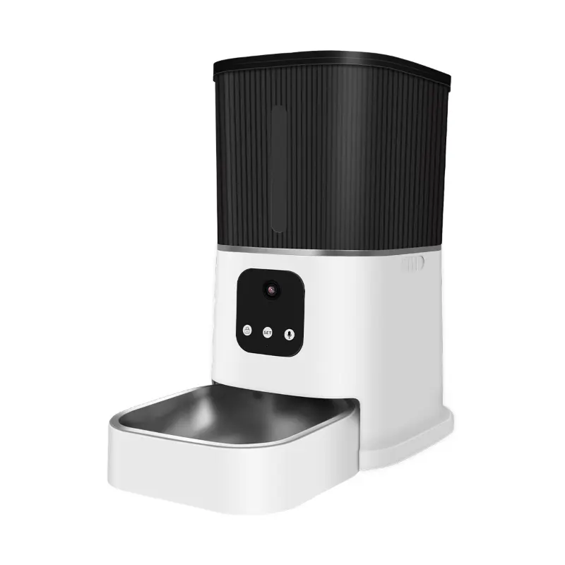 Side view of PT05 smart feeder with ribbed black hopper, camera, and stainless steel bowl.
