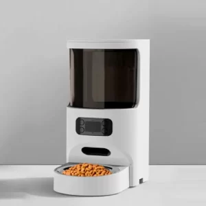 White single-bowl smart feeder with LCD control panel and food-filled bowl.