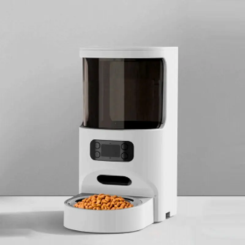 White single-bowl smart feeder with LCD control panel and food-filled bowl.