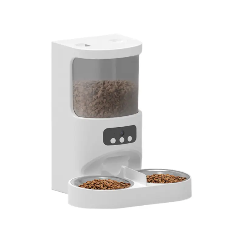 White dual-bowl smart feeder with camera, food-filled hopper, and stainless steel bowls.