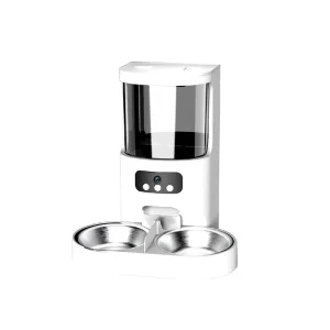 White dual-bowl smart feeder with camera and transparent food hopper, front view.
