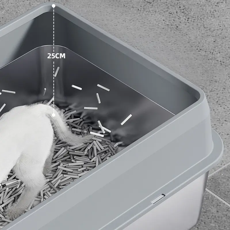 25cm tall stainless steel cat litter box, anti-scatter high sides prevent litter spillage.