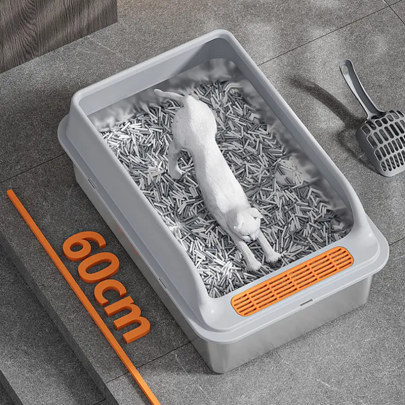 60cm extra-large stainless steel cat litter box with a white cat inside, mess control design.