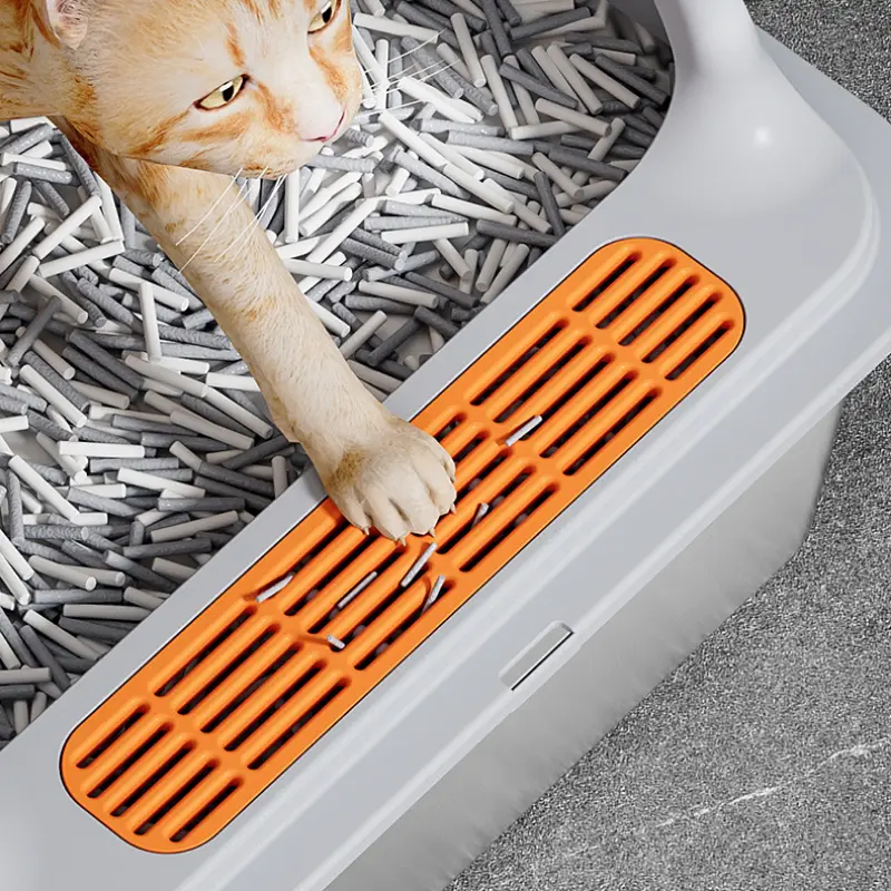 Stainless steel cat litter box with orange anti-tracking grille, easy-clean & anti-splash, cat-friendly & mess-free.