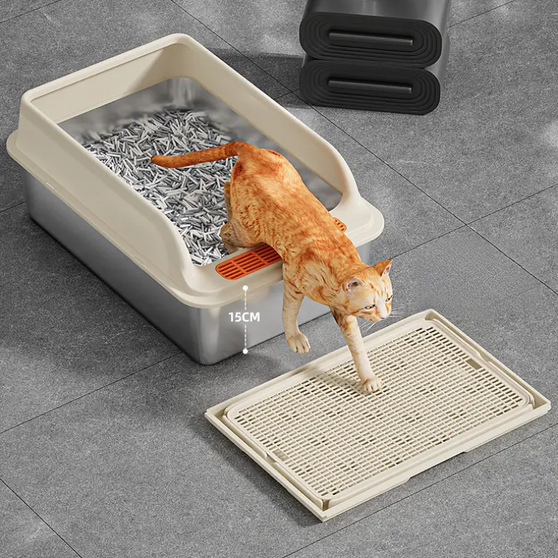 Stainless steel cat litter box with anti-splash rim & non-slip feet, rust-proof & easy-clean for cat parents and multi-cat households.