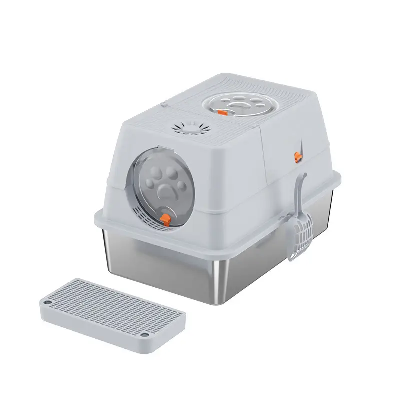 Stainless steel cat litter box with lid, anti-splash & easy-clean, suitable for large cats and multi-cat families.
