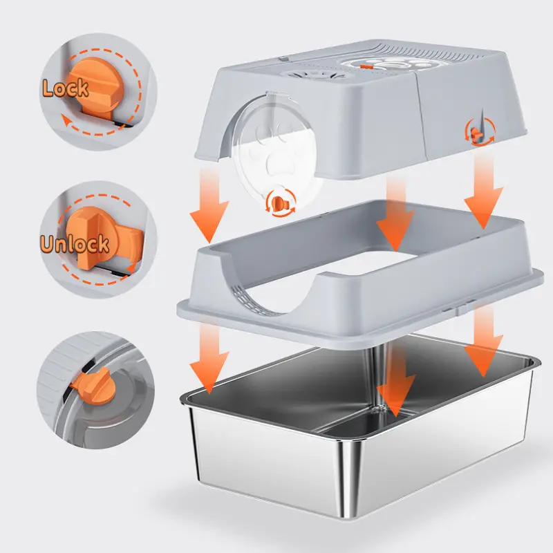 不锈钢猫砂盆 – Easy-Clean & Lockable Design Stainless steel cat litter box with detachable design, easy-lock mechanism & easy-clean structure for cat parents.