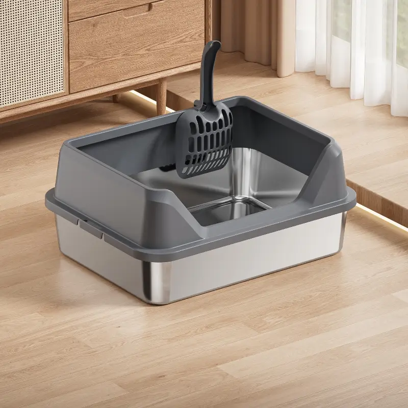 Dark gray stainless steel cat litter box with integrated litter scoop, high anti-splash sides, durable and easy to clean for all cats.