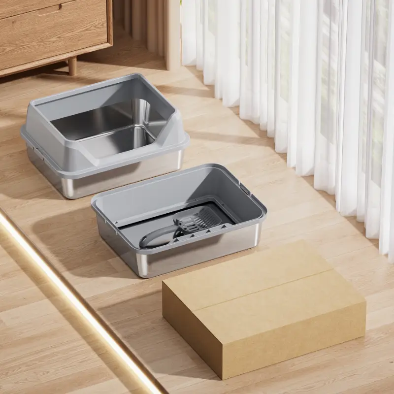Stainless steel cat litter box with detachable stackable design and packaging, easy storage & cleaning for all cat breeds & owners.