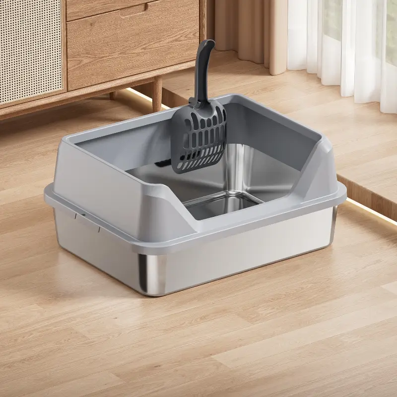 Light gray stainless steel cat litter box with integrated litter scoop, high anti-splash sides, durable & easy clean for all cat breeds.