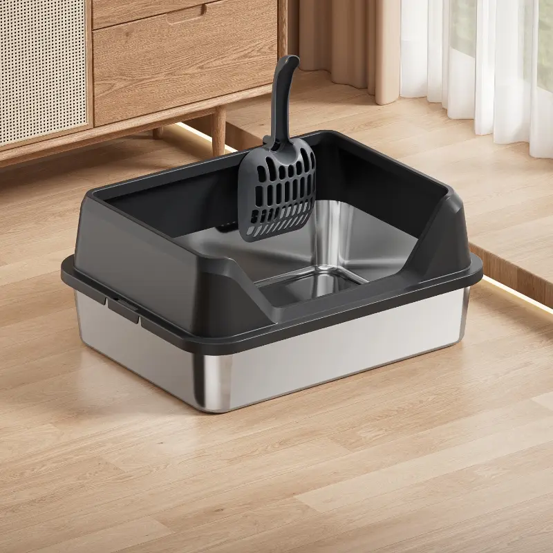 Black trim stainless steel cat litter box with integrated litter scoop, anti-splash high sides, easy clean for all cat breeds.